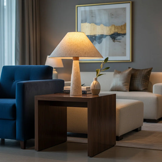 Table Lamp | Travertine Stone Base Modern Fabric Shade Versatile Lighting