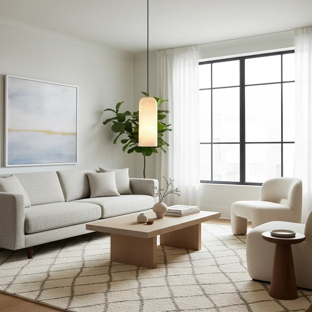 Alabaster Stone Sculptural Pendant Light | Minimalist Brass Designer Fixture